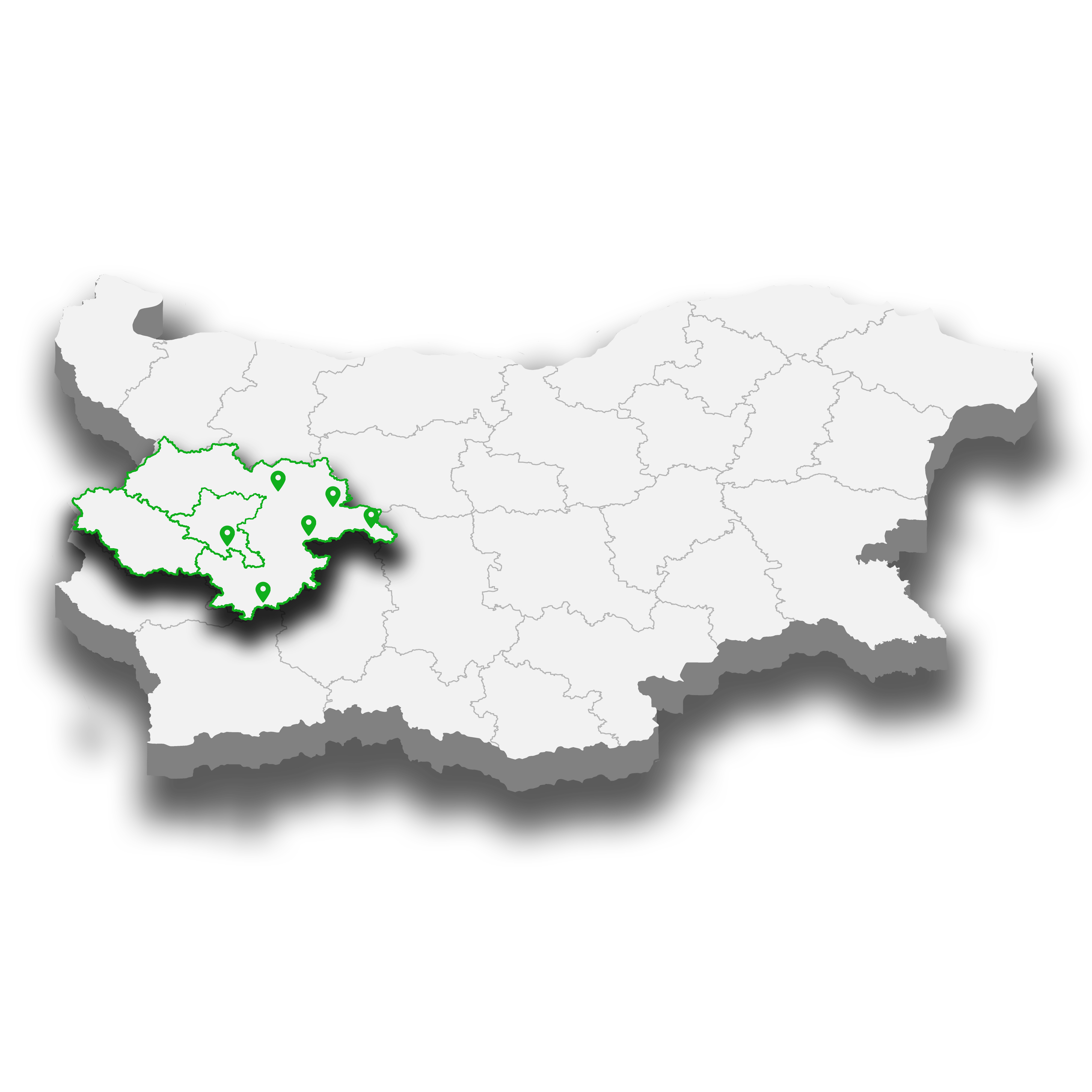 Илюстрация на картата на България. Със зелено са акцентирани областите - София-град и София-област.
