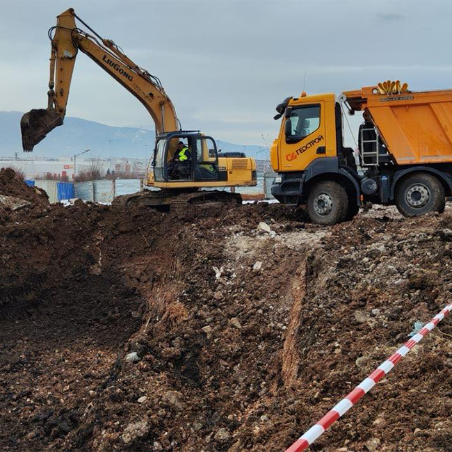 Construction machines of Geostroy AD on the work site for the construction of a new metro station next to the railway station. "Obelia"